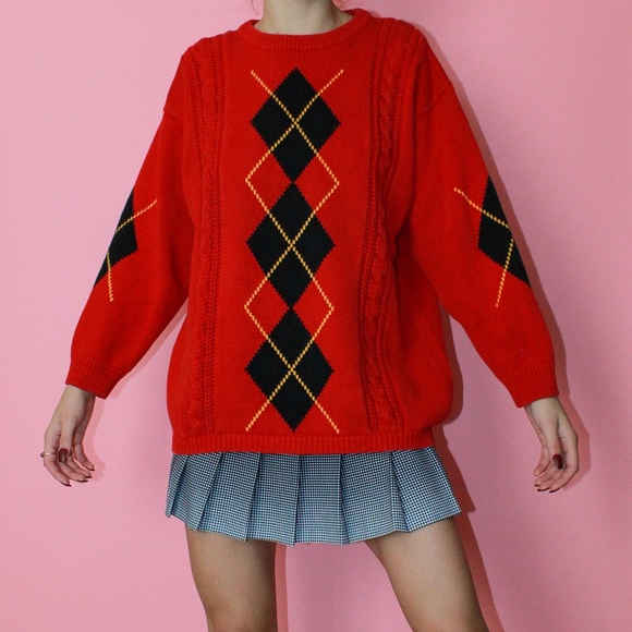 VTG 80s/90s Jantzen Red/Black Argyle Chunky Knit Crewneck Fisherman Sweater - Picture 5 of 12